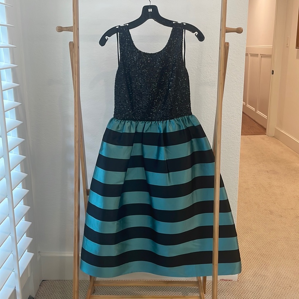 Leifsdottir. Size 2. Black sequin top with aqua and black stripe full skirt